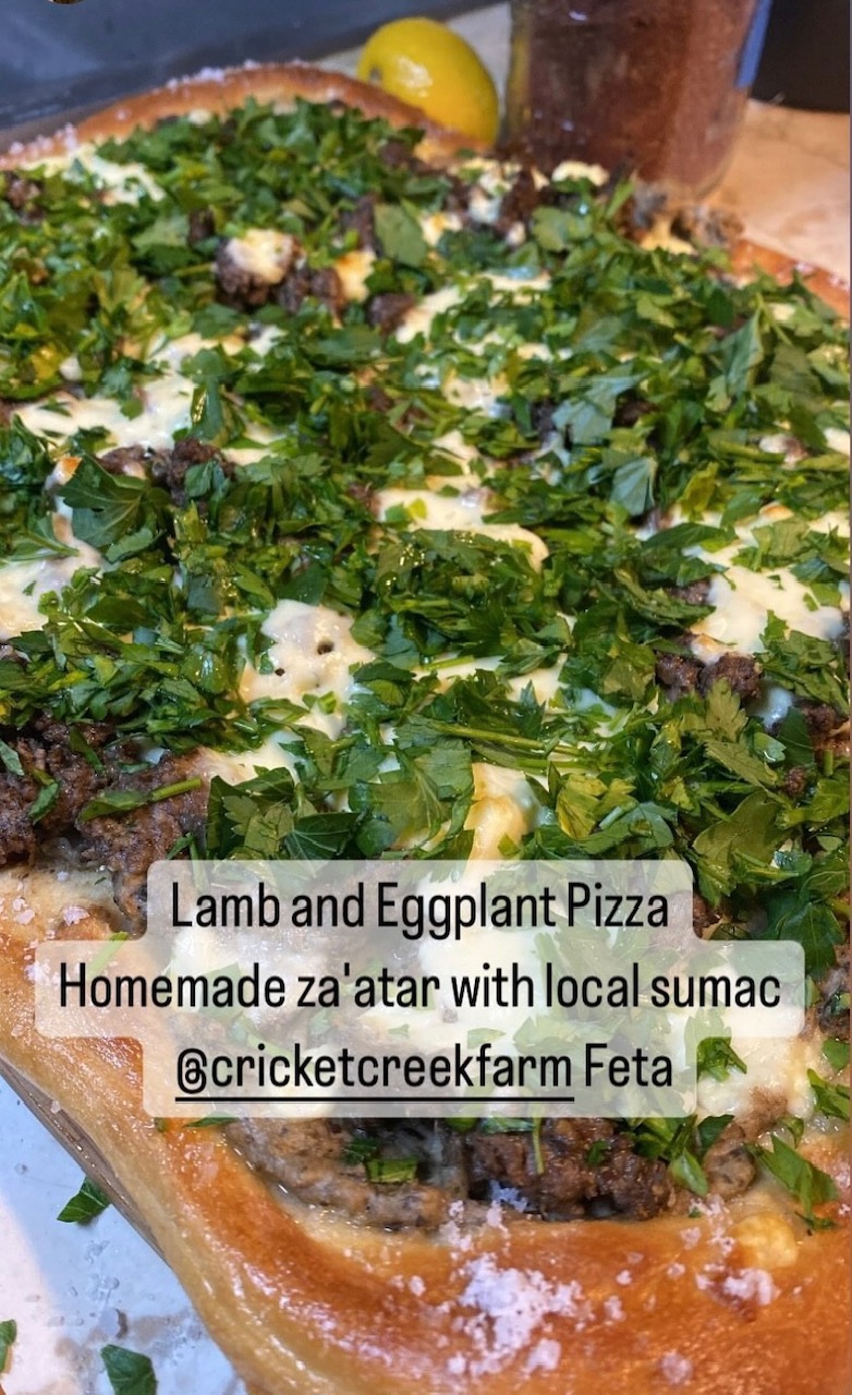 lamb pizza featuring cricket creek farm feta